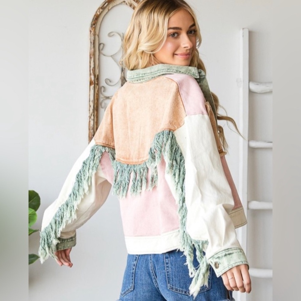 Oli & Hali Colorblock Washed Denim Fringe Jacket Grunge Boho NWT Size Medium